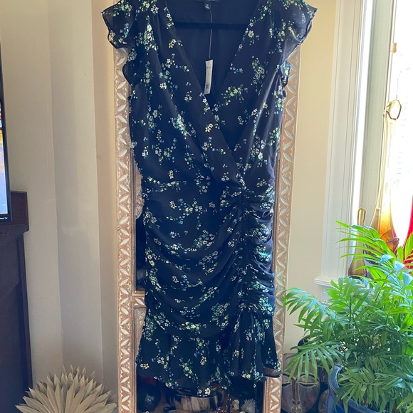 NWT Banana Republic Black Floral Print Ruched Mini Dress Size 10 - Picture 2 of 8